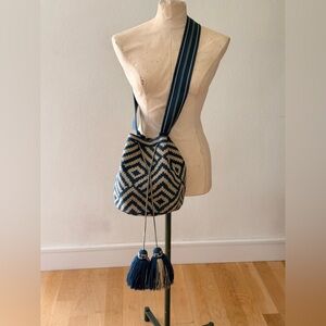 Blue & Cream Woven Bucket Bag with Tassels